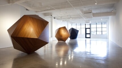 Modern wooden sculptures in gallery space