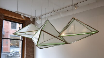Modern, light-filled, geometric, hanging sculpture