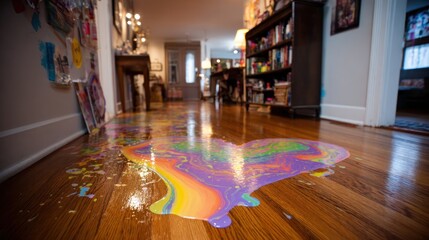 Colorful paint spill on wooden floor in hallway