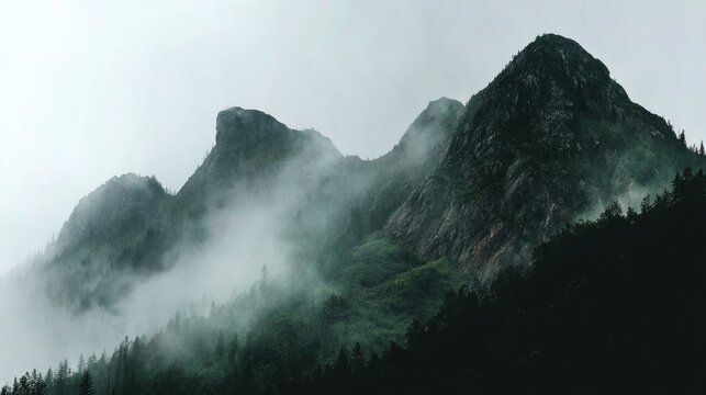 Misty mountain peaks, shrouded in fog