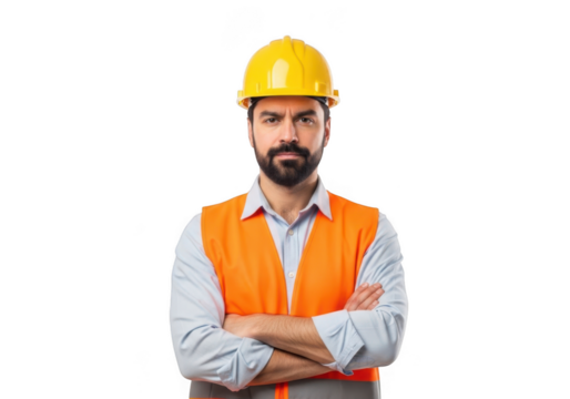 Serious bearded construction worker wearing yellow hard hat and orange safety vest with arms crossed isolated on transparent background
