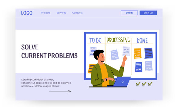 Business people planning. Time management landing page. Kanban schedule. Agile agenda. Tasks and deadlines at whiteboard. Goals organizer board. Website design template. Vector background