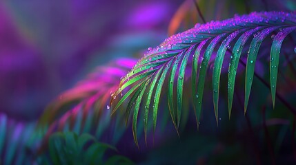 Vibrant palm leaves with dew drops, illuminated in neon colors