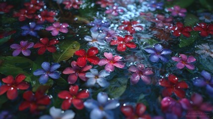 Colorful flowers float on water, lush greenery below