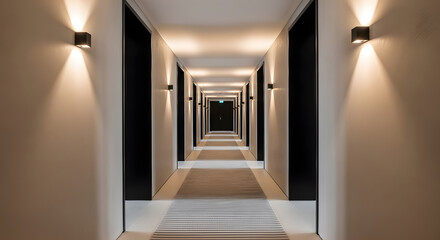 Elegant Hotel Corridor with Warm Lighting and Symmetrical Design