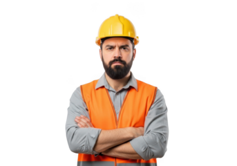 Serious bearded construction worker wearing yellow hard hat and orange safety vest with arms crossed isolated on transparent background