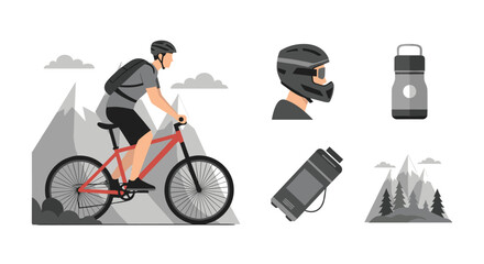 Fototapeta premium Dynamic mountain biker conquers rugged terrain with helmet and water bottle, showcasing adventure and extreme sports spirit