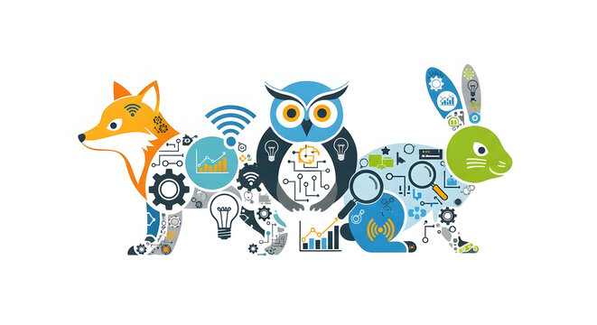 Digital animals fox, owl, and rabbit made from technology symbols. Represents intelligence, data analysis, and connectivity in the modern tech innovation era