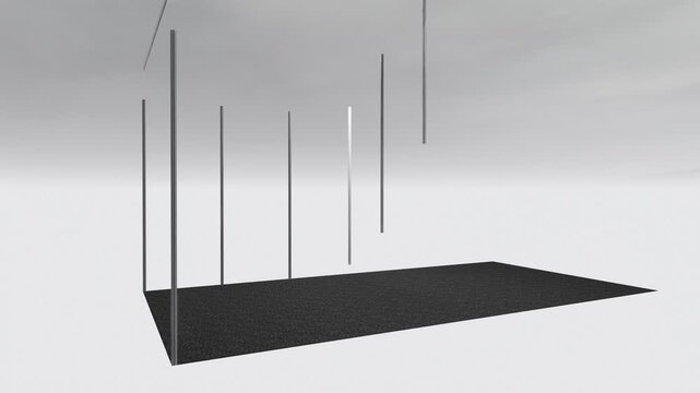 3D animation of exhibition booth 3x3 m phasing build-up. Modern trade show booth setup visualization showing frame, wall panels, and lighting structure in clean environment.