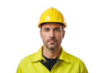 Male construction worker wearing a yellow hard hat and high visibility safety jacket isolated on transparent background