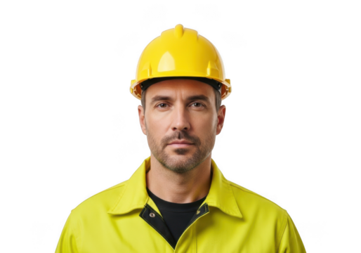 Male construction worker wearing a yellow hard hat and high visibility safety jacket isolated on transparent background