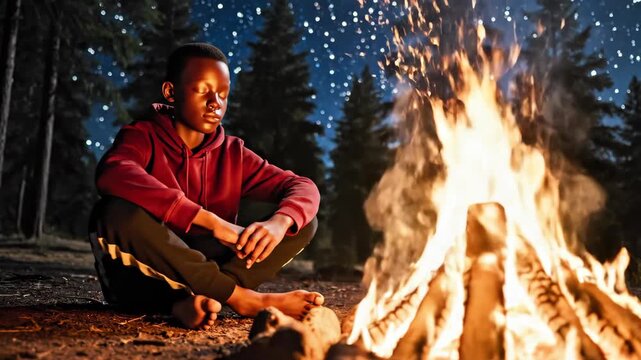 Young Man Sitting by Warm Campfire in Forest at Night Under a Starry Sky.