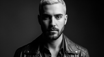 Obraz premium Dramatic black and white male portrait. Confident young Caucasian adult with bleached hair and beard. Modern masculinity and urban fashion style. Intense gaze for a brand campaign