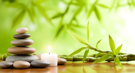 Obraz premium Zen stones stacked beside a lit candle with bamboo and green leaves in the background background
