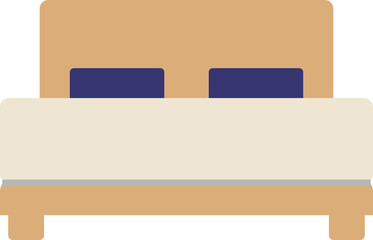 Simple illustration of a bed with a light brown frame, white sheets, and two blue pillows against a white background.