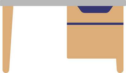 Simple illustration of a wooden desk with a drawer, presented in a flat design style.