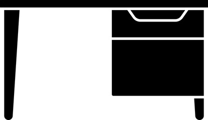 A black and white graphic illustration of a desk with a drawer unit on the right side and a single leg on the left.