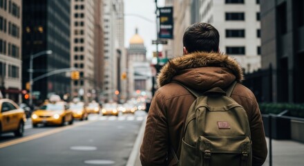 A young adult male with a backpack walking through a busy city street. Urban exploration and daily commute in a modern metropolis. Cinematic view of a traveler's journey with blurred traffic