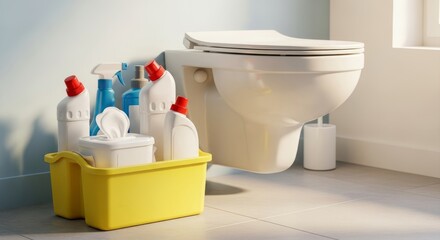 Bathroom cleaning supplies set beside toilet in sunlit modern bathroom
