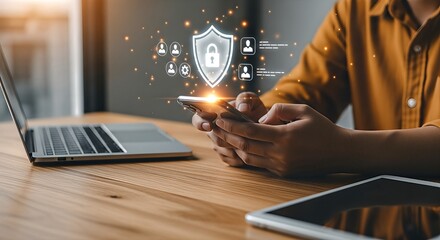 Man using mobile phone with shield icon, data security and privacy concept