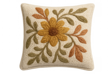 Cushion with autumn color palette and hand-stitched detailing, creating a rustic feel for interior design