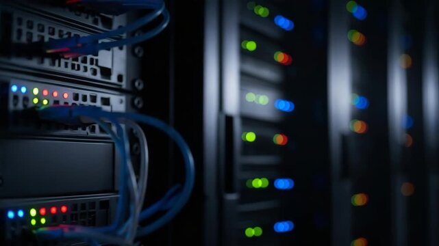 Close-up of working server racks with blinking lights in a data center. Network cables connected to computer hardware for data processing. Cloud computing and big data technology concept - Powered by Adobe