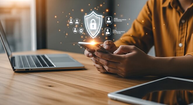 Man using mobile phone with shield icon, data security and privacy concept