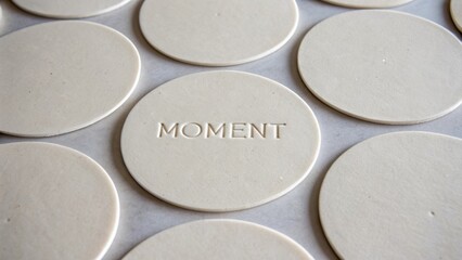Flat round coasters with the word Moment inscribed