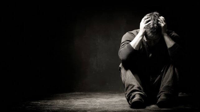 Man Sitting on the Floor in Emotional Distress, Grappling With Depression and Life Challenges in a Dimly Lit Space