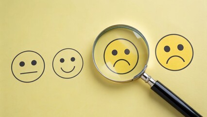 Magnifying glass examining a sad smiley face concept