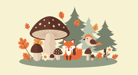 Obraz premium Whimsical forest scene with a cute fox, bird, and mushrooms creates a charming autumn woodland atmosphere for creative projects