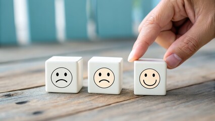 Person Choosing Happy Smiley Face Emotion On Wooden Blocks