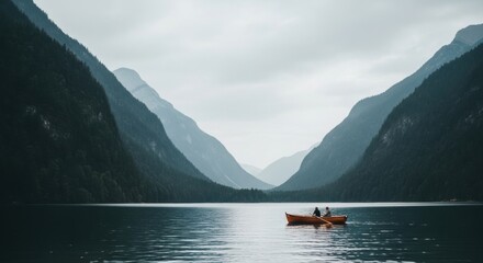 Couple navigating a vast mountain lake in a small boat. Outdoor adventure and exploration in a remote wilderness. Scenic travel destination for tourism. Concept of journey and discovery