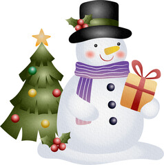 Illustration of Cute Snowman and Christmas Watercolor Hand Drawn Style