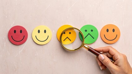 Person examining feedback emojis with a magnifying glass