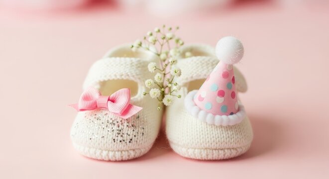 Adorable baby birthday celebration with pink booties and party hat