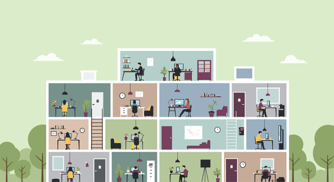 Diverse professionals working diligently in modern office cubicles, fostering productivity and collaboration in a vibrant workspace