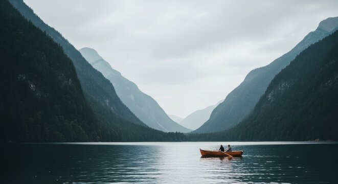 Couple navigating a vast mountain lake in a small boat. Outdoor adventure and exploration in a remote wilderness. Scenic travel destination for tourism. Concept of journey and discovery