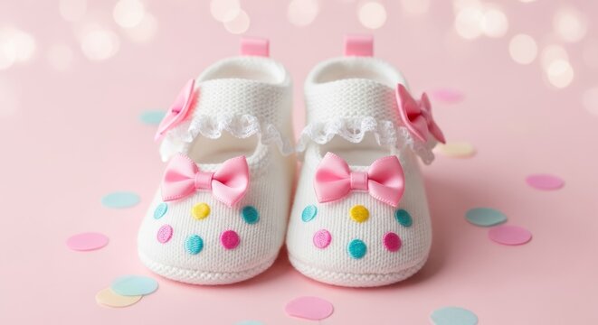 Adorable baby booties with pink bows and colorful dots on a pastel background for baby shower celebration