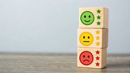Stacked wooden blocks with smiley faces representing customer feedback