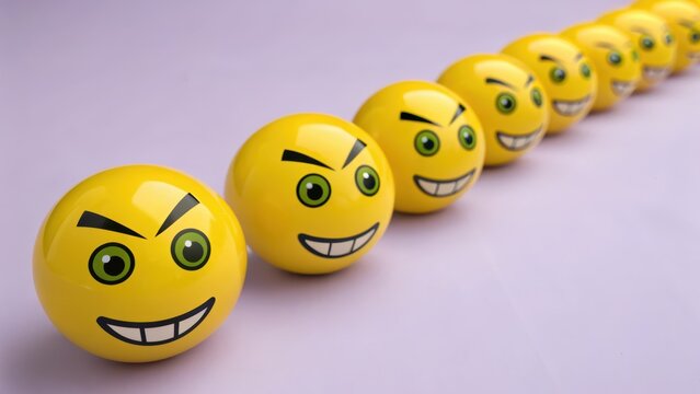 Row of Stylized 3D Yellow Emoji Faces Expressing Various Emotions