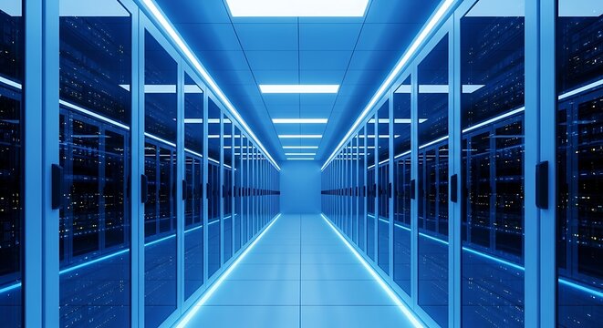 A long, brightly lit corridor in a modern data center with rows of server racks on either side background