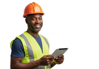 Smiling construction worker wearing an orange hard hat and yellow safety vest holding a tablet computer isolated on transparent background