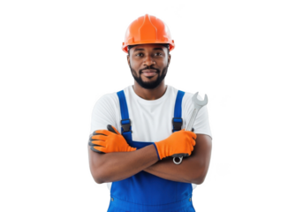 A confident male construction worker wearing a hard hat and blue overalls with orange gloves isolated on transparent background