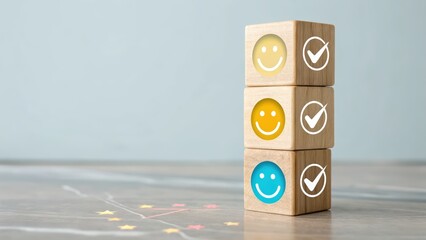 Three wooden blocks showing customer service satisfaction