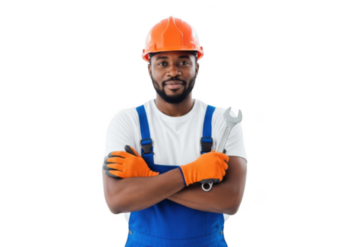 A confident male construction worker wearing a hard hat and blue overalls with orange gloves isolated on transparent background