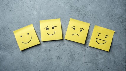 Yellow sticky notes with various emotion faces on grey surface