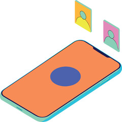 Isometric Mobile Phone Vector Graphic Displaying User Icons Modern Communication Technology Neon Colors Smartphone Device Digital Interface Online Profiles Social Media