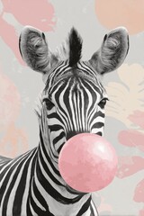 Obraz premium Zebra Blowing a Big Bubble Gum With Pastel Stripes in the Background