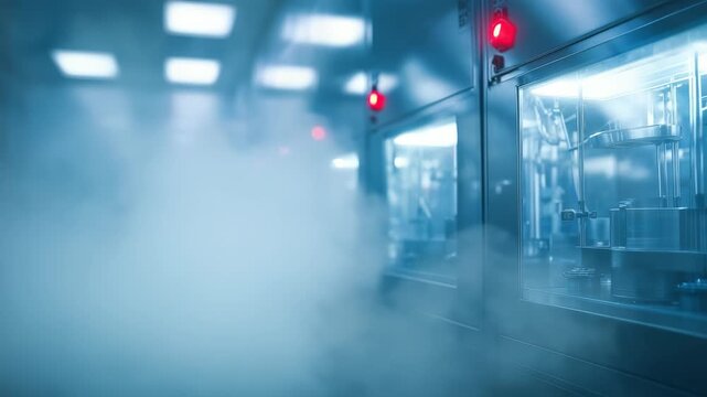 High tech manufacturing plant filled with fog and illuminated by red safety lights, showcasing cutting edge automation. Industrial innovation and technology blend in a mysterious ambiance